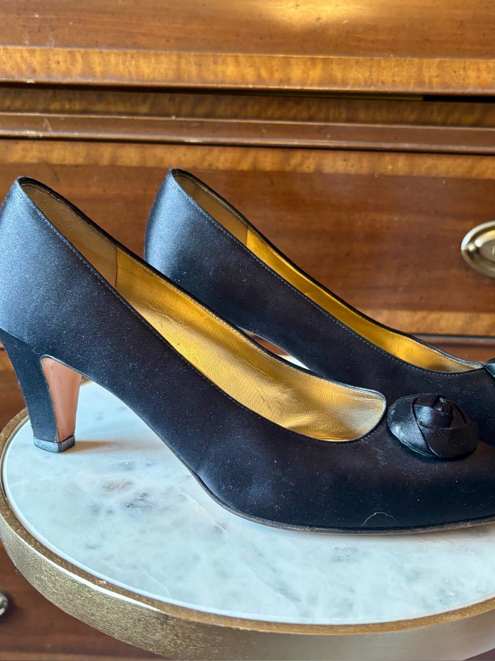 Black Satin Ferragamo  Mid-Heel Evening Pumps